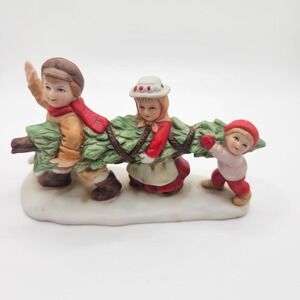 Vintage Lefton 07828 Christmas Kids Carrying Tree Figurine 1990 Geo Z Lefton